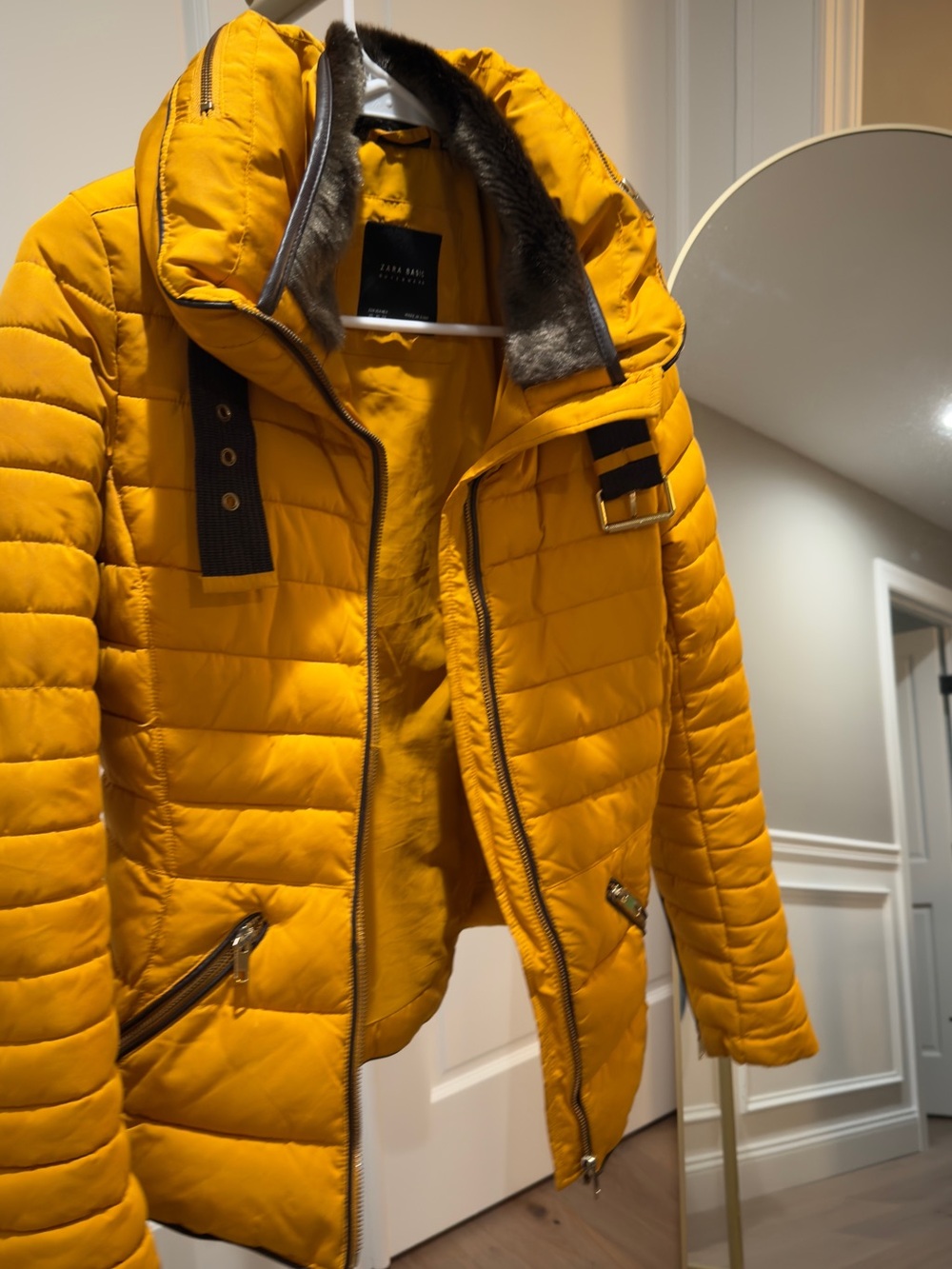 Zara Yellow Quilted Puffer Jacket with Faux-Fur Trim
